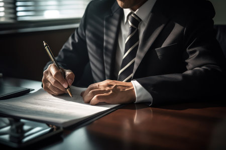 Businessman signing a contract with a pen in his hand. Business concept. Generative AIの素材