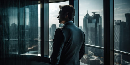 Businessman looking out the window in a modern office with skyscrapers, Generative AIの素材