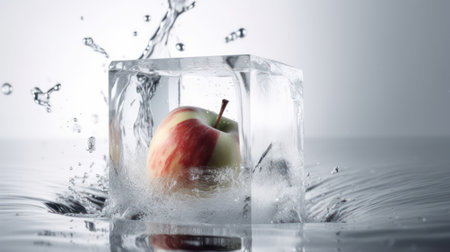 Red apple frozen in ice cube with water splashes, freeze motion. Generative AIの素材