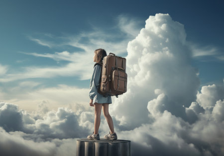 Back view of a girl with a backpack standing on the top of a cloud, Generative AIの素材