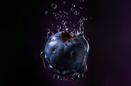 Blueberry falling into water with splashes on a black background.  Generative AIの素材