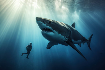 Great White Shark swimming with a diver in the ocean. Underwater photography. Generative AIの素材