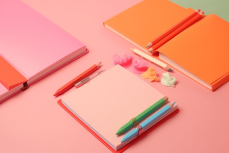 Colorful stationery on pink background. Back to school concept. Generative AIの素材