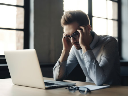 Stressed young man in eyeglasses working on laptop while sitting in cafe, Generative AIの素材