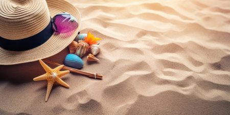 Straw hat, sunglasses, starfish and seashells on the beach sand. Generative AIの素材