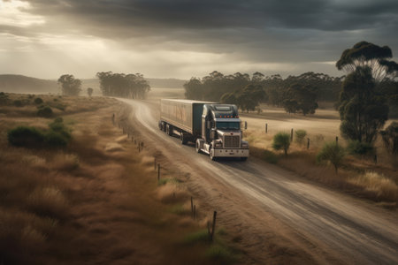 Truck driving on the road in the Australian outback during the day. Generative AIの素材