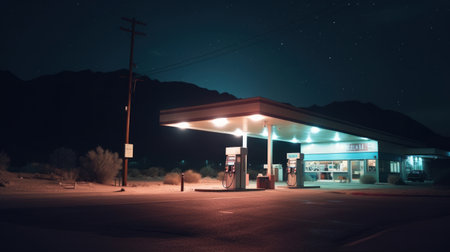 Gas station at night. Gasoline and oil industry. Generative AIの素材