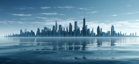 Panoramic view of skyscrapers on the water surface. Generative AIの素材