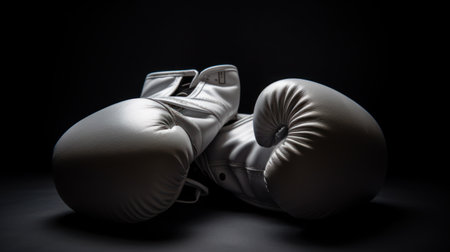 Pair of white boxing gloves on a black background. Generative AIの素材