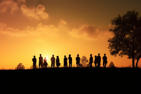 Silhouette of a group of people standing on the hill at sunset, Generative AIの素材