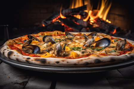 Pizza with mussels in front of the fireplace. Restaurant. Generative AIの素材