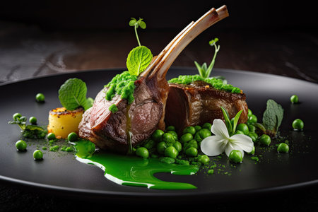 Roasted lamb chop with green peas and sauce on a black plate. Generative AIの素材
