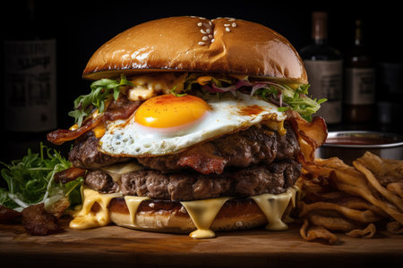 Cheese burger - American cheese burger with Golden French fries and egg. Generative AIの素材