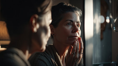 Mature woman looking at her reflection in the mirror at home. Generative AIの素材