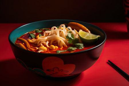 Noodles with meat and vegetables in a bowl on a red background. Generative AIの素材