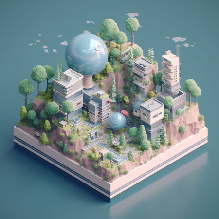 3d isometric urban landscape with buildings, trees and a globe. Generative AIの素材