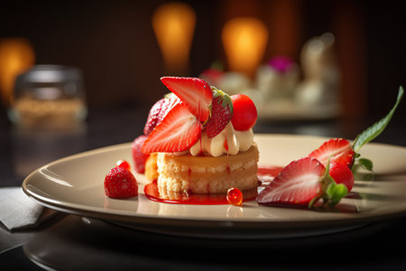 Delicious strawberry cake on plate, closeup. Luxury dessert. Generative AIの素材