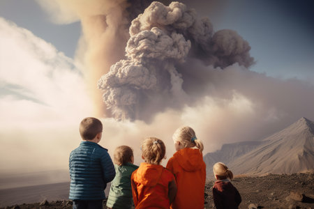 Children looking at eruption of volcano , Generative AIの素材