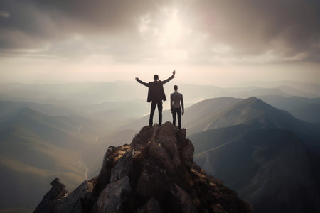 Silhouette of two successful business people standing on top of a mountain with arms raised, Generative AIの素材