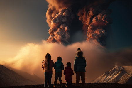 Mother and children looking at eruption of volcano, Generative AIの素材