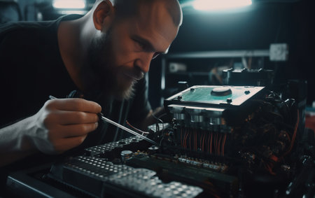 Foto de Technician repairing a computer in a workshop. Repair and maintenance concept. Generative AI - Imagen libre de derechos