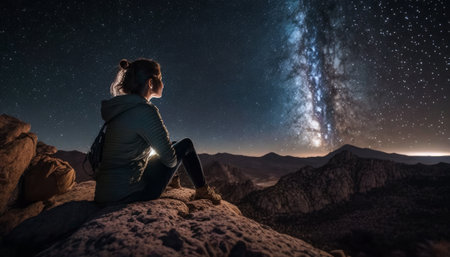Young woman hiker looking at the milky way in the mountains, Generative AIの素材