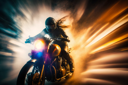 Motorcycle rider on the road at high speed. Motion blur. Generative AIの素材