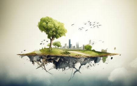Ecology concept with green city on island floating in water. Generative AI Illustrationの素材