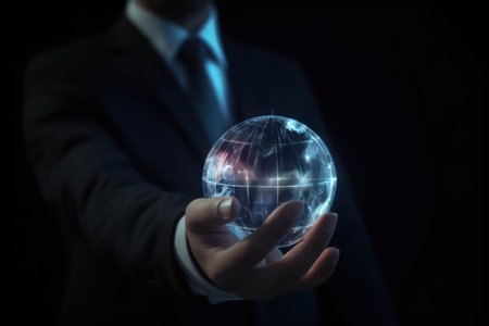 Businessman holding global network sphere in his hand. Generative AIの素材