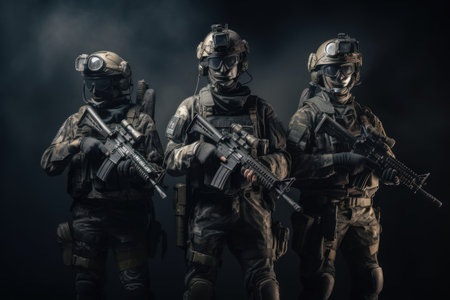 Group of soldiers in full gear with assault rifles on a black background. Generative AIの素材