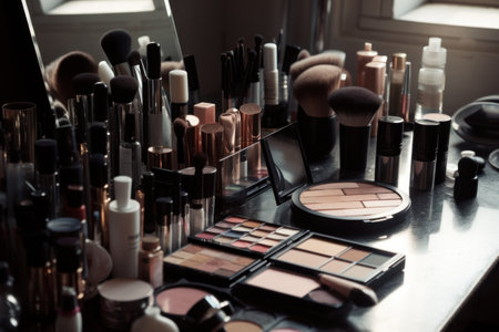 Makeup products on a dressing table. Make-up background. generative AIの素材