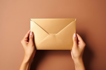 Female hands holding craft envelope on brown background. Top view, copy space. generative AIの素材