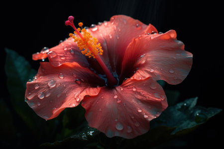 red hibiscus flower with water droplets on dark background, generative AIの素材