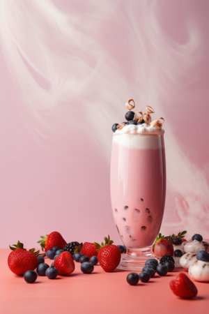 Delicious milkshake with blueberries and strawberries on pink background, generative AIの素材