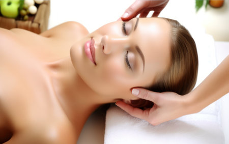 Beautiful young woman getting facial massage in spa salon. Spa treatment. Generative AIの素材