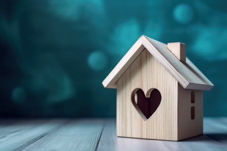 Wooden toy house with heart shape on blue background. Valentine's day concept. Generative AIの素材