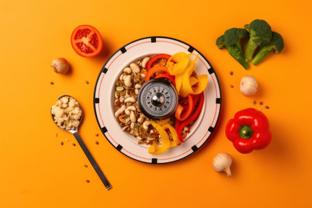 Healthy eating concept. Top view of a bowl with vegetables and a scale on an orange background. Generative AIの素材
