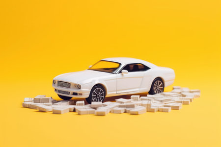 Toy car and wooden blocks on a yellow background. Generative AIの素材