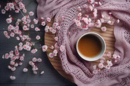 Cup of tea and pink knitted scarf on wooden background. Generative AIの素材