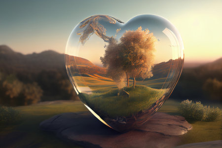 Heart shaped crystal ball with nature landscape background. Generative AIの素材