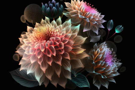 Colorful dahlia flower on black background. Digital painting. Generative AIの素材