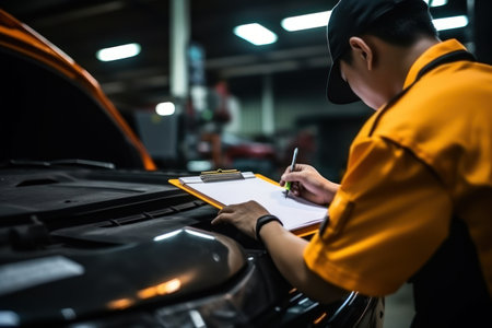 auto mechanic writing on clipboard while checking car engine in auto repair shop, Generative AIの素材
