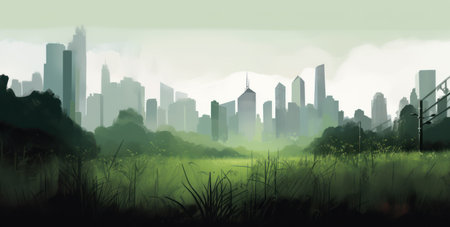 Green meadow with cityscape background. Generative AI illustration.の素材