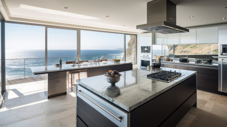 interior of new luxury house, kitchen and dining room with sea view, Generative AIの素材