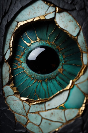 Close up of an eye with turquoise and gold paint.の素材