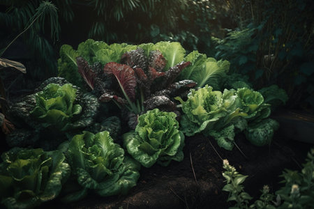 Vegetable garden in the morning light. Fresh green and red lettuce in the garden. Generative AIの素材
