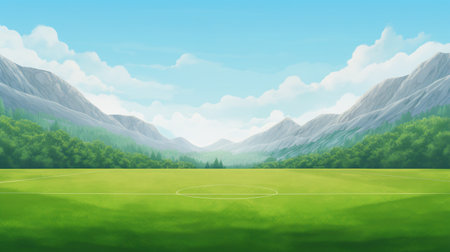 Football field with green grass and mountains in the background. Generative AI illustration.の素材