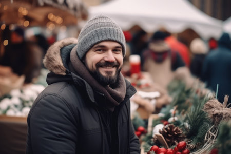 Portrait of a smiling man at the Christmas market in the city. Generative AIの素材