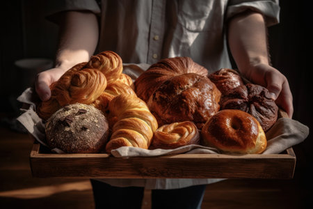 Female hands holding wooden tray with freshly baked buns. Selective focus. Generative AIの素材