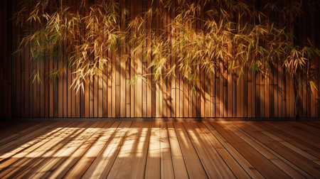 Wooden wall with bamboo leaves and sunbeam, Generative AIの素材